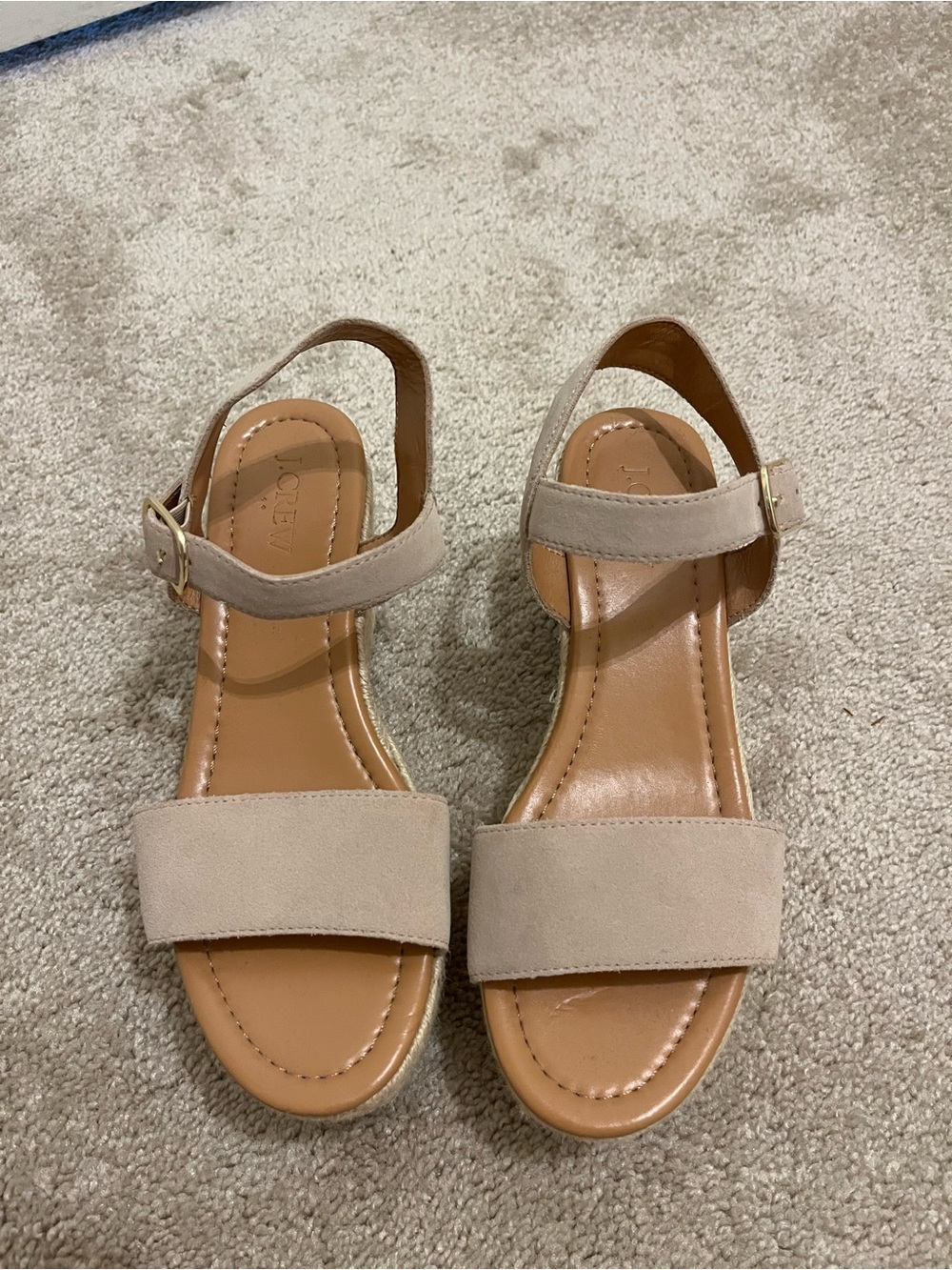 J. Crew Beige Suede Wedge Sandals with Gold Buckle